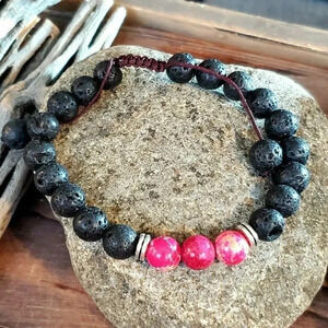 Handcrafted Chakra Bracelet Deep Pink Aqua Terra Jasper Black Lava
